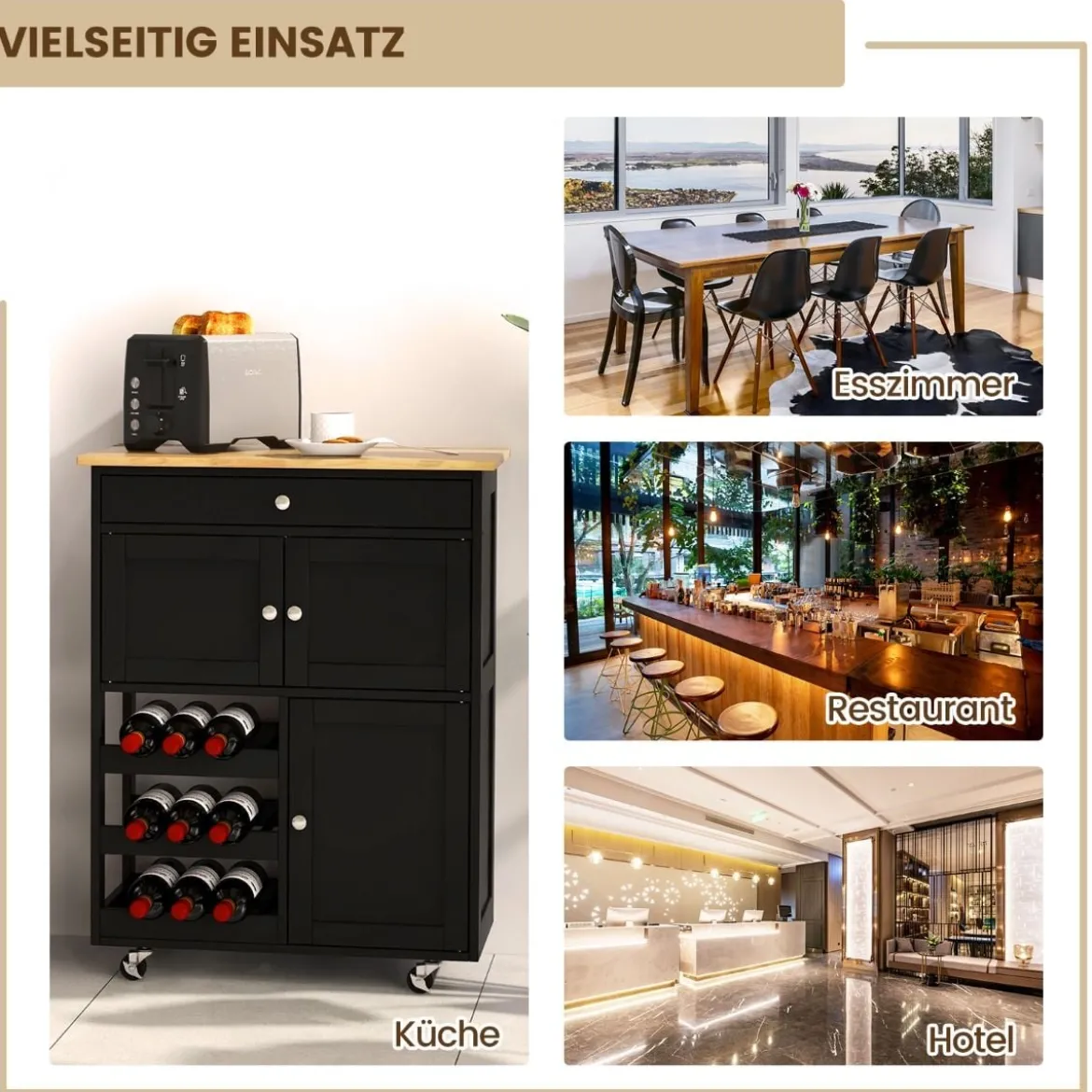 Küchenwagen Kücheninselwagen mit Holzplatte Schublade 67 x 37 x 86,5 cm Schwarz