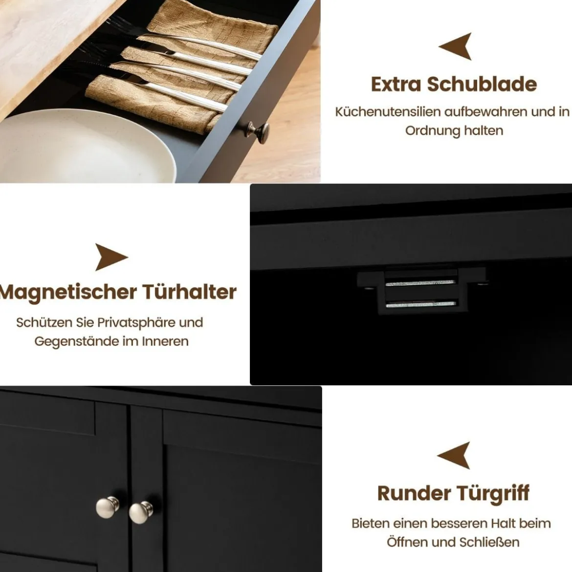 Küchenwagen Kücheninselwagen mit Holzplatte Schublade 67 x 37 x 86,5 cm Schwarz
