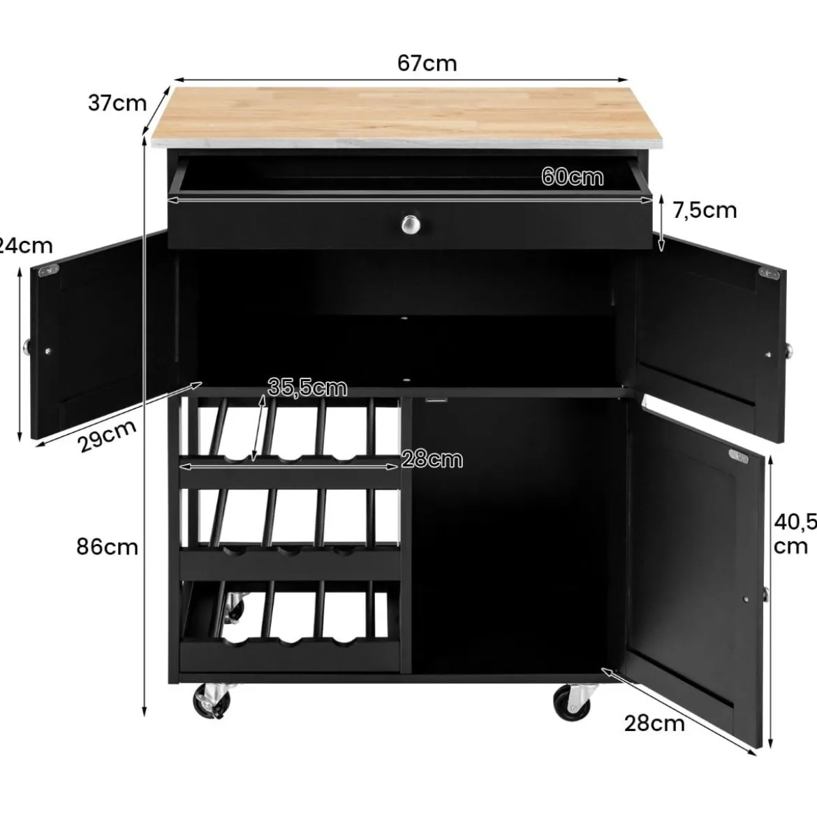 Küchenwagen Kücheninselwagen mit Holzplatte Schublade 67 x 37 x 86,5 cm Schwarz