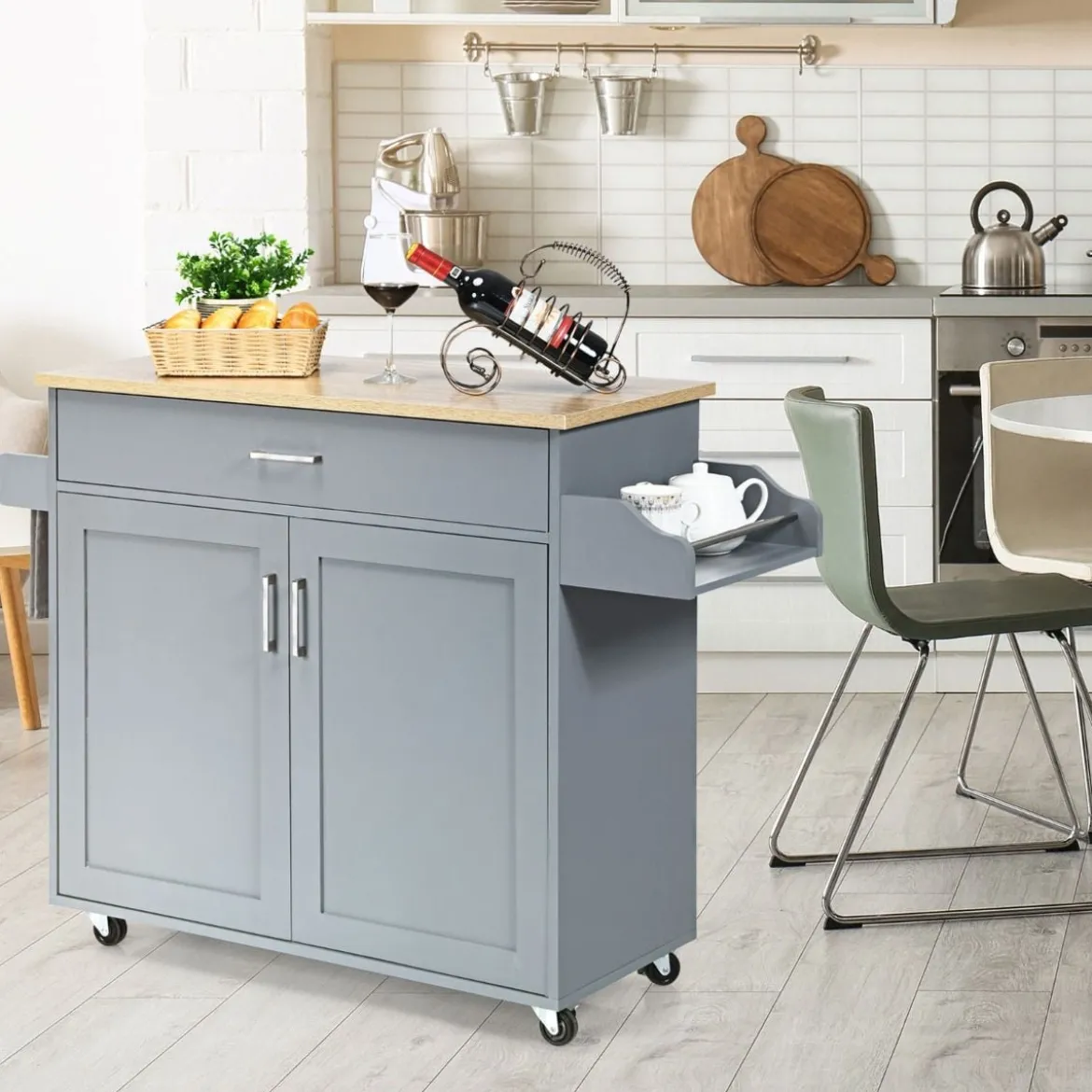 Küchenwagen mit Handtuchhalter & Gewürzboard & Schublade Kücheninsel Rollbarer Küchenschrank