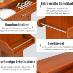 Küchenwagen mit Handtuchhalter & Gewürzboard & Schublade Kücheninsel Rollbarer Küchenschrank