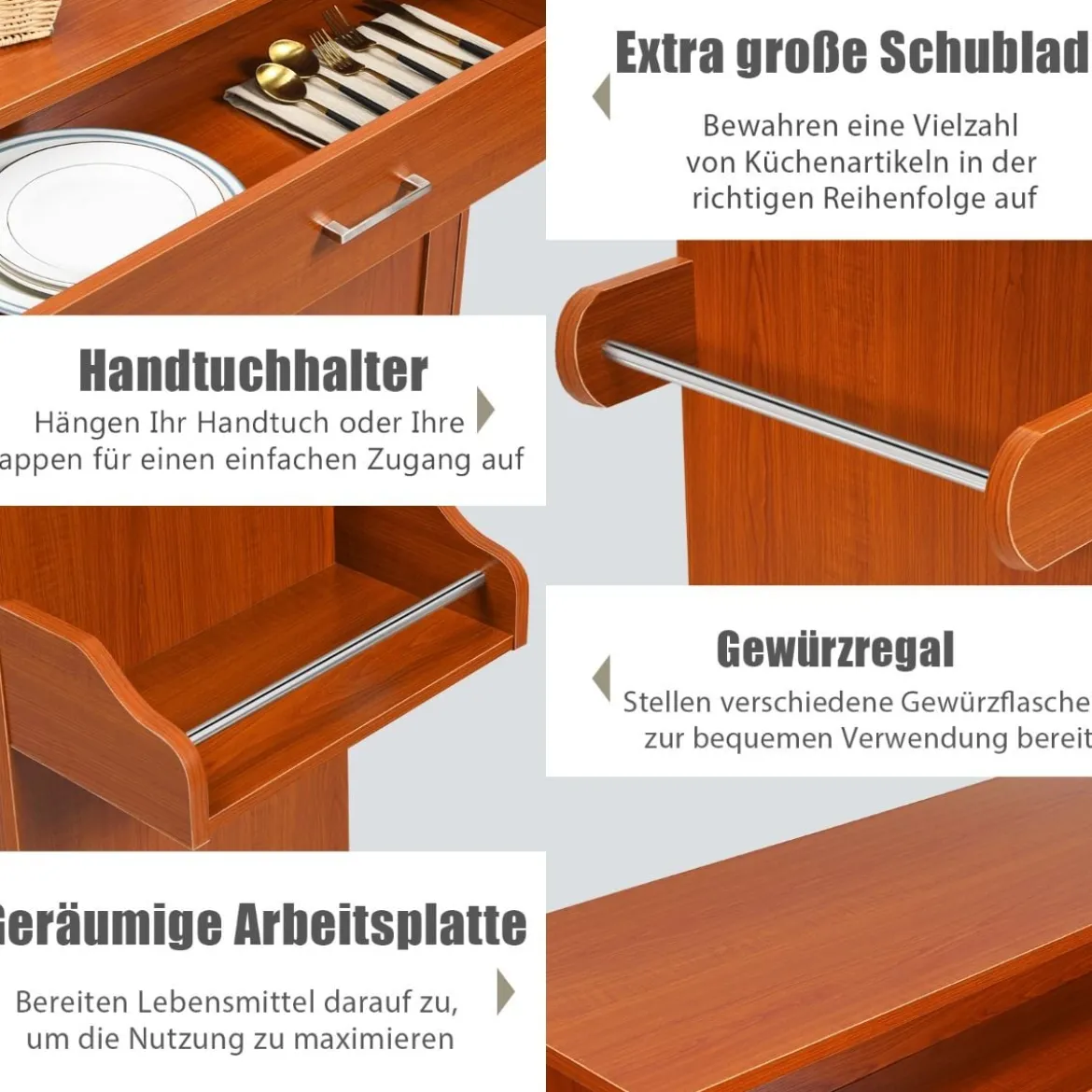Küchenwagen mit Handtuchhalter & Gewürzboard & Schublade Kücheninsel Rollbarer Küchenschrank