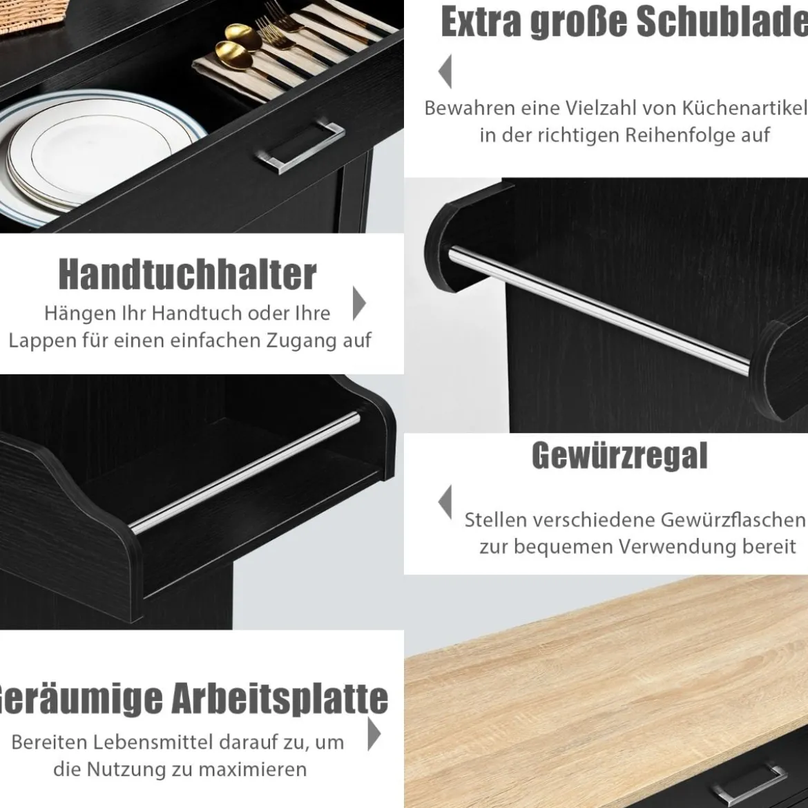 Küchenwagen mit Handtuchhalter & Gewürzboard & Schublade Kücheninsel Rollbarer Küchenschrank