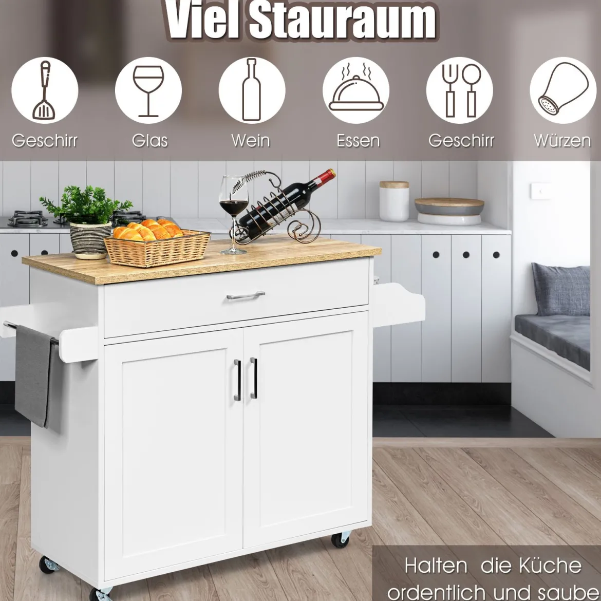 Küchenwagen mit Handtuchhalter & Gewürzboard & Schublade Kücheninsel Rollbarer Küchenschrank