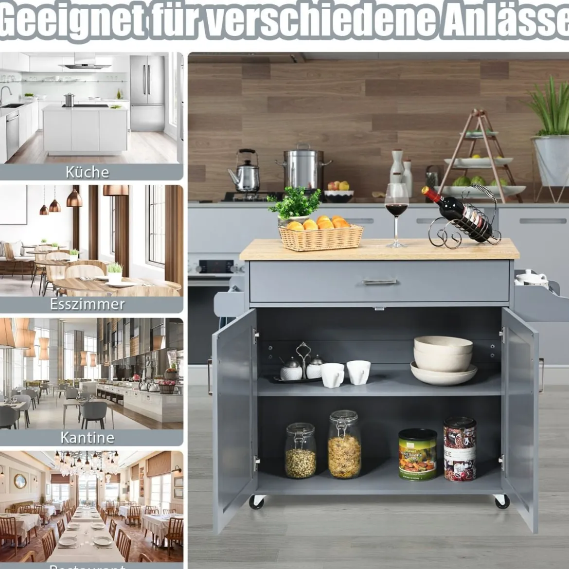 Küchenwagen mit Handtuchhalter & Gewürzboard & Schublade Kücheninsel Rollbarer Küchenschrank