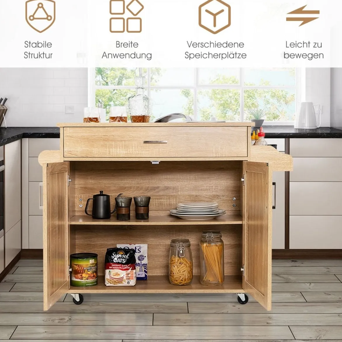 Küchenwagen mit Handtuchhalter & Gewürzboard & Schublade Kücheninsel Rollbarer Küchenschrank
