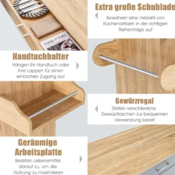 Küchenwagen mit Handtuchhalter & Gewürzboard & Schublade Kücheninsel Rollbarer Küchenschrank