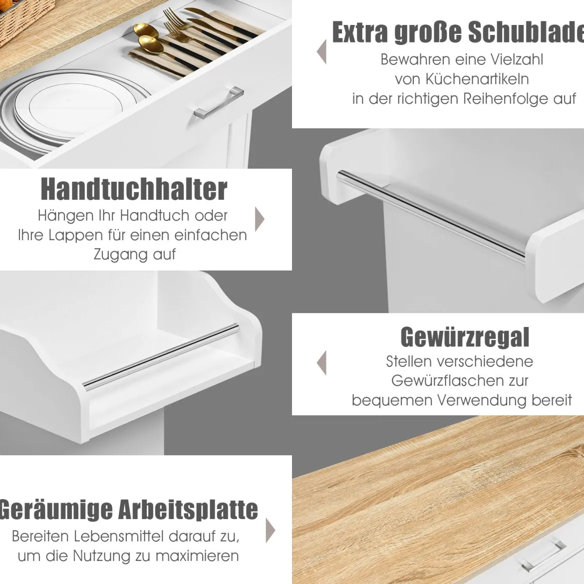 Küchenwagen mit Handtuchhalter & Gewürzboard & Schublade Kücheninsel Rollbarer Küchenschrank