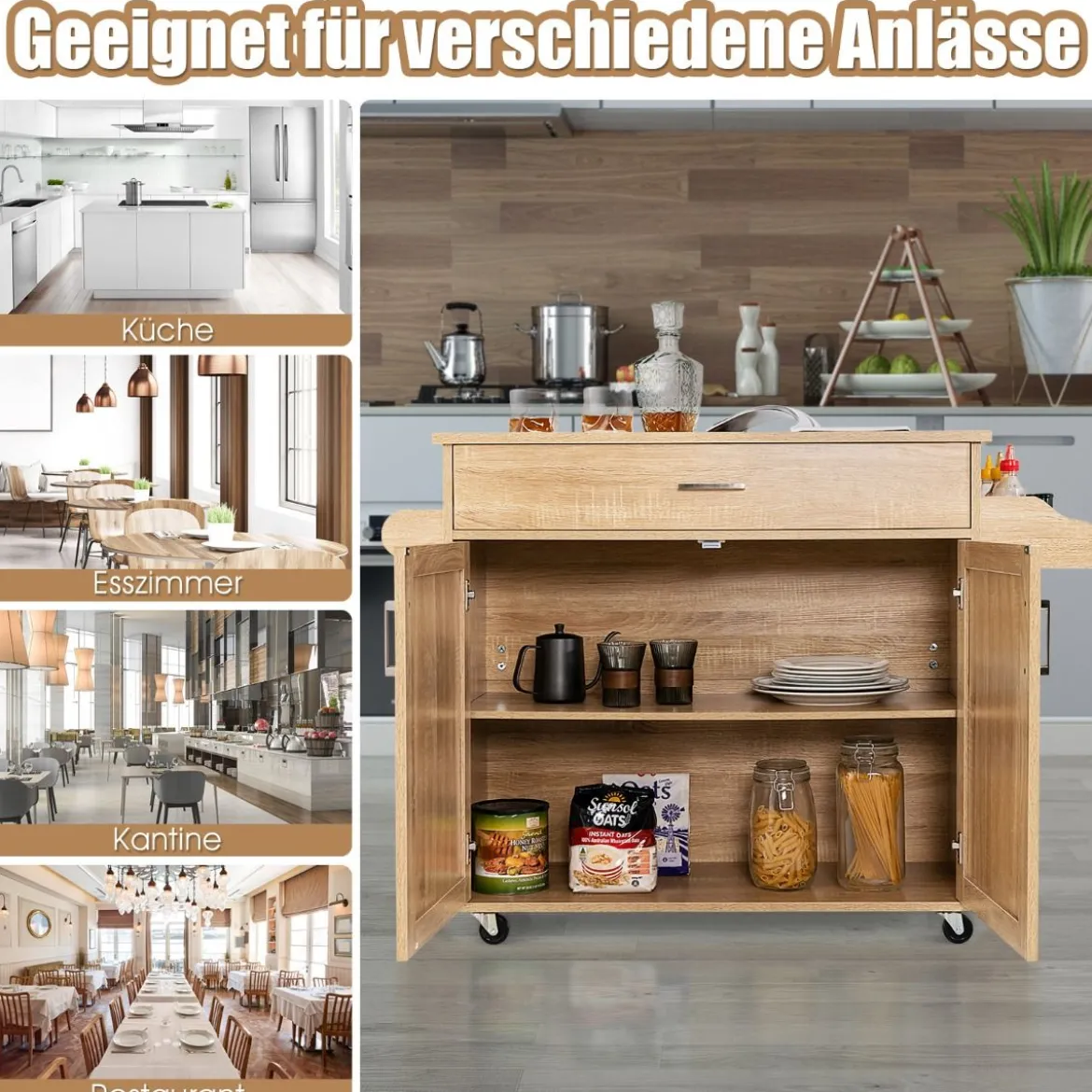 Küchenwagen mit Handtuchhalter & Gewürzboard & Schublade Kücheninsel Rollbarer Küchenschrank