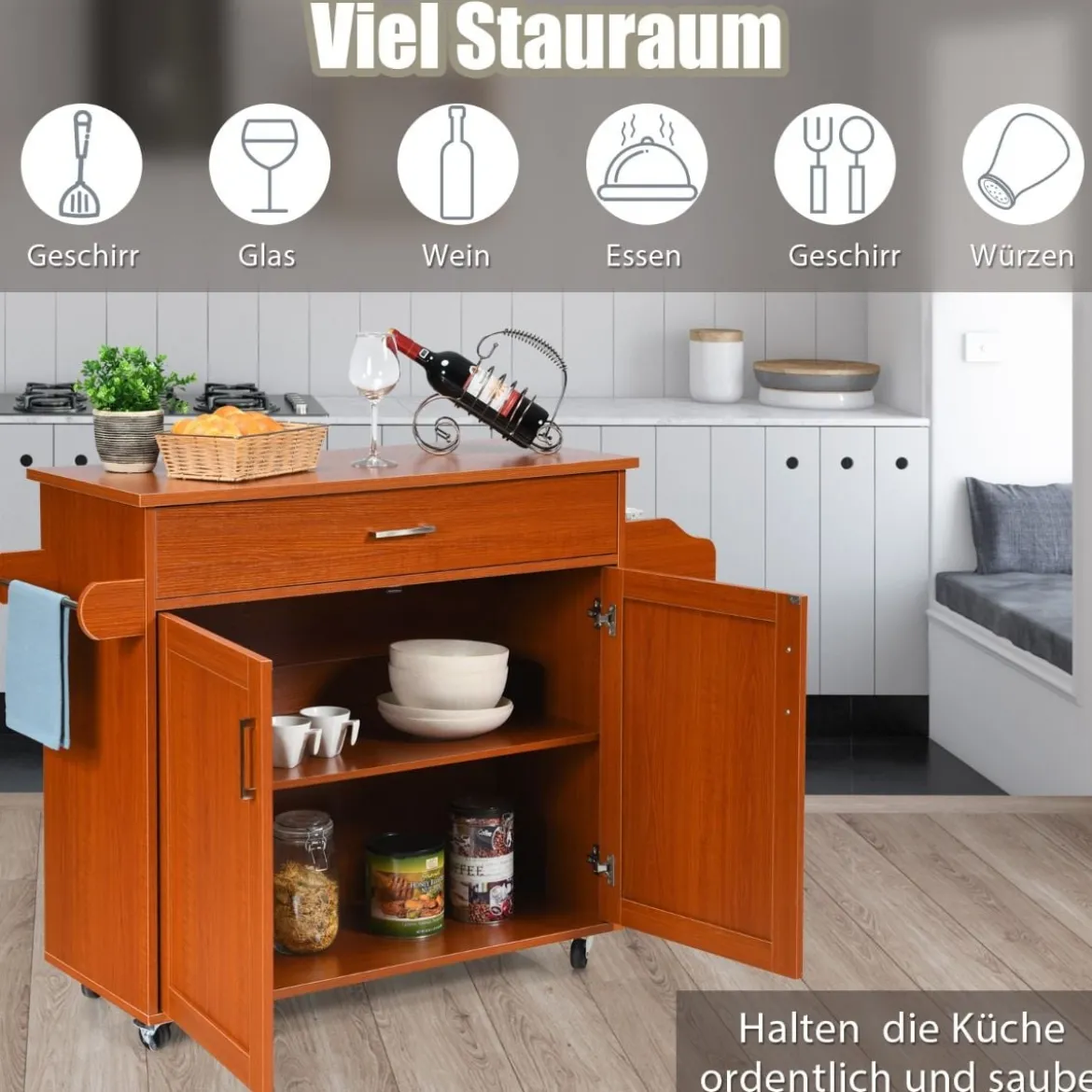 Küchenwagen mit Handtuchhalter & Gewürzboard & Schublade Kücheninsel Rollbarer Küchenschrank