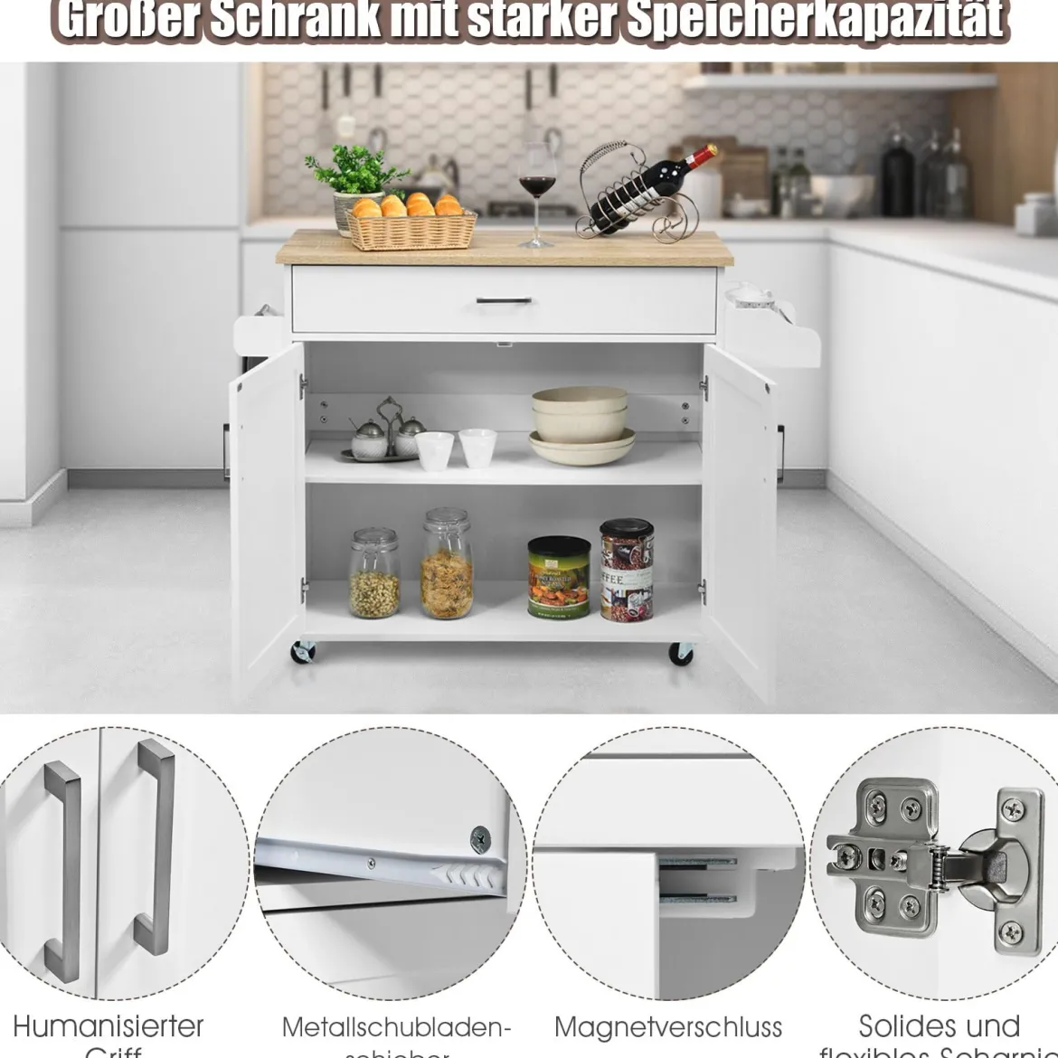Küchenwagen mit Handtuchhalter & Gewürzboard & Schublade Kücheninsel Rollbarer Küchenschrank