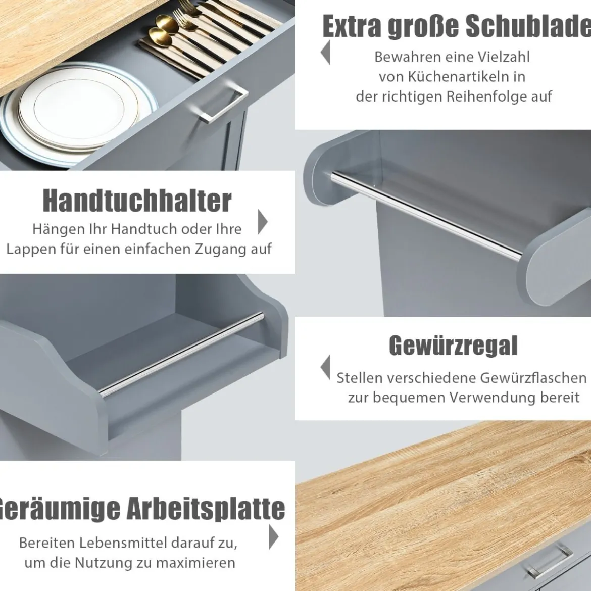 Küchenwagen mit Handtuchhalter & Gewürzboard & Schublade Kücheninsel Rollbarer Küchenschrank