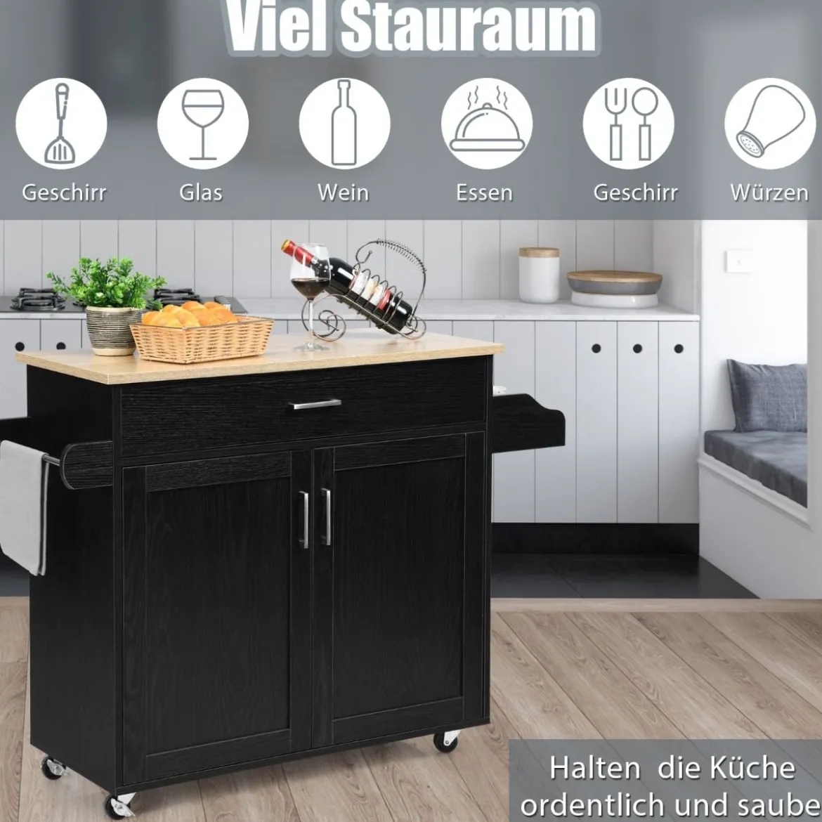 Küchenwagen mit Handtuchhalter & Gewürzboard & Schublade Kücheninsel Rollbarer Küchenschrank