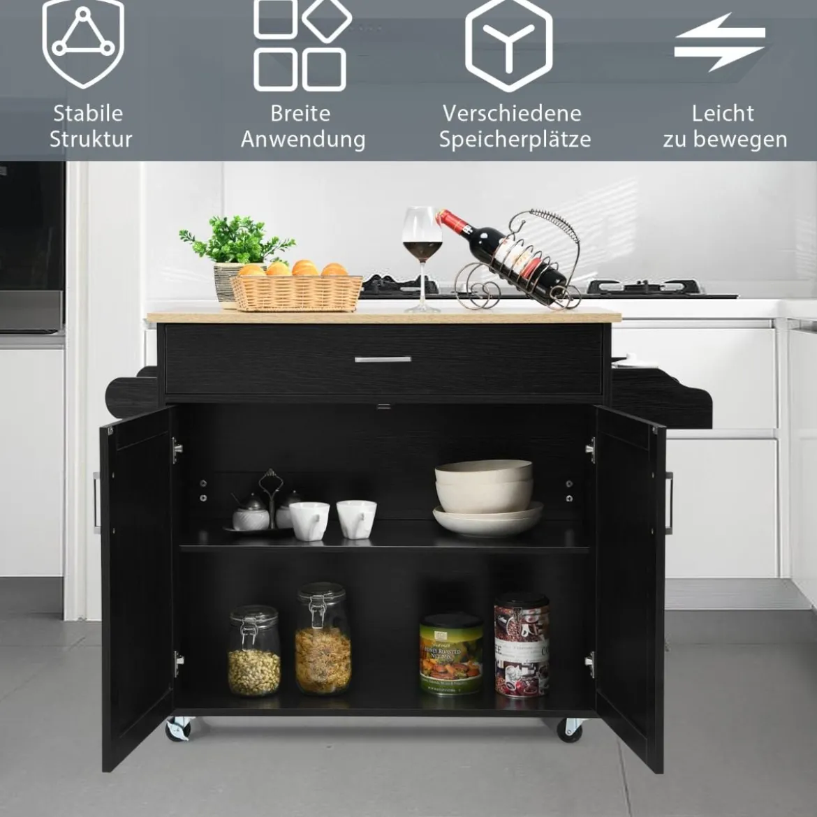 Küchenwagen mit Handtuchhalter & Gewürzboard & Schublade Kücheninsel Rollbarer Küchenschrank