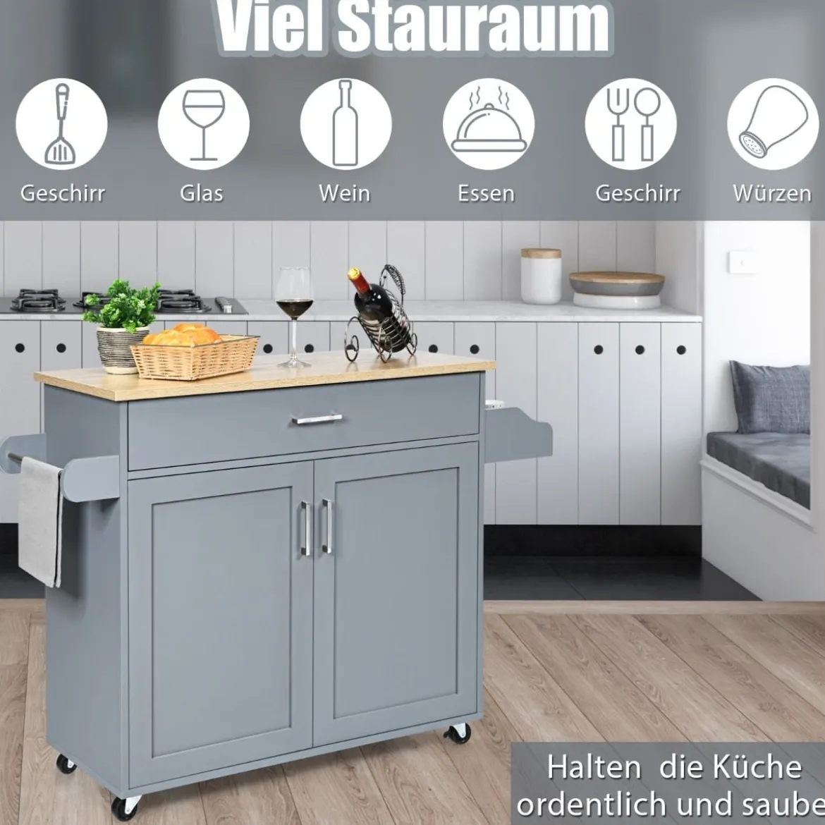 Küchenwagen mit Handtuchhalter & Gewürzboard & Schublade Kücheninsel Rollbarer Küchenschrank