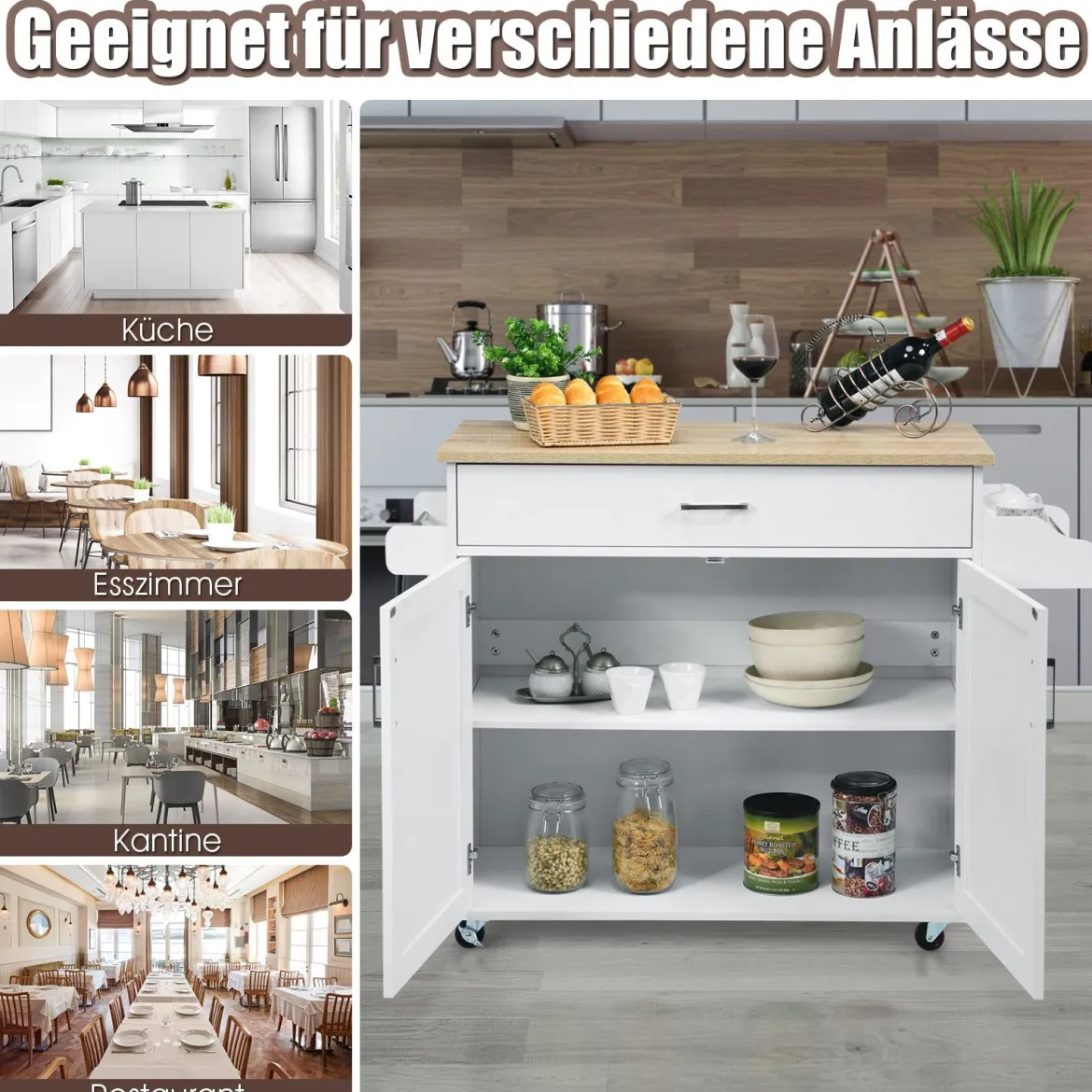 Küchenwagen mit Handtuchhalter & Gewürzboard & Schublade Kücheninsel Rollbarer Küchenschrank