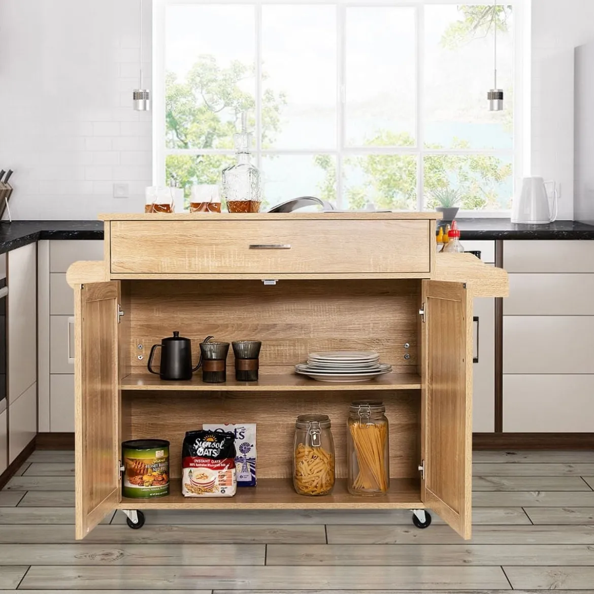 Küchenwagen mit Handtuchhalter & Gewürzboard & Schublade Kücheninsel Rollbarer Küchenschrank