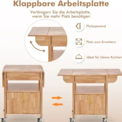 Küchenwagen mit Klappbarer Arbeitsplatte & Schublade & Schrank Servierwagen Natur