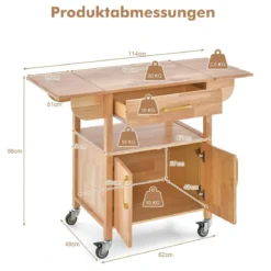 Küchenwagen mit Klappbarer Arbeitsplatte & Schublade & Schrank Servierwagen Natur