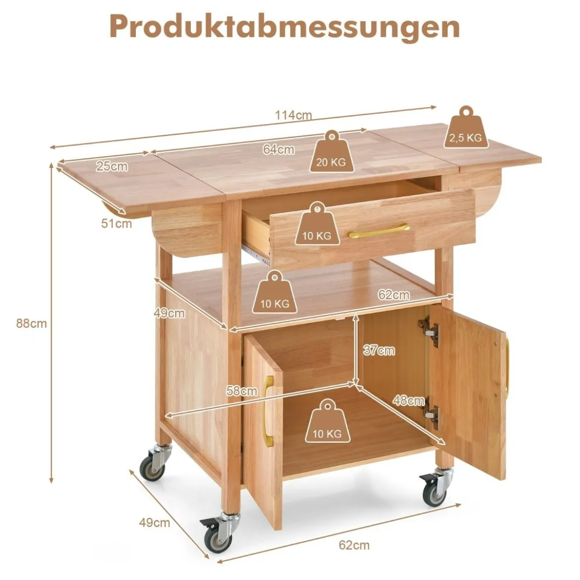 Küchenwagen mit Klappbarer Arbeitsplatte & Schublade & Schrank Servierwagen Natur