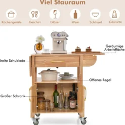 Küchenwagen mit Klappbarer Arbeitsplatte & Schublade & Schrank Servierwagen Natur