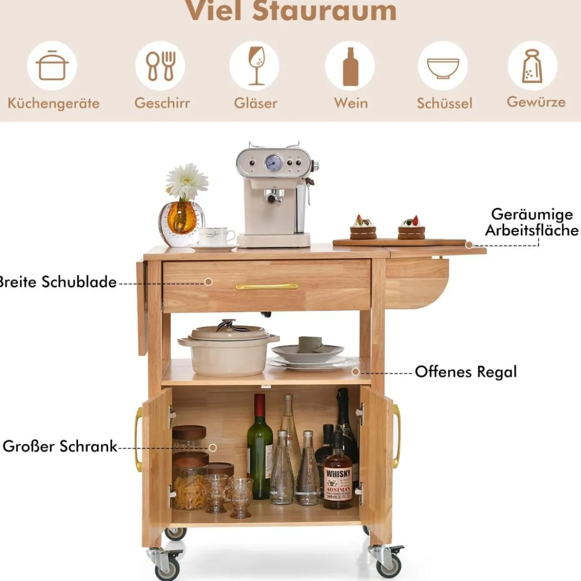 Küchenwagen mit Klappbarer Arbeitsplatte & Schublade & Schrank Servierwagen Natur