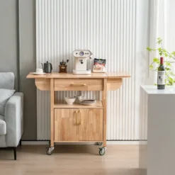 Küchenwagen mit Klappbarer Arbeitsplatte & Schublade & Schrank Servierwagen Natur