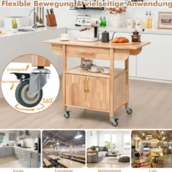 Küchenwagen mit Klappbarer Arbeitsplatte & Schublade & Schrank Servierwagen Natur
