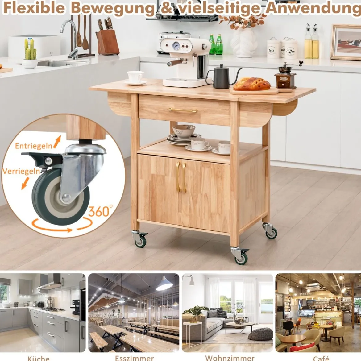 Küchenwagen mit Klappbarer Arbeitsplatte & Schublade & Schrank Servierwagen Natur