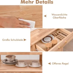 Küchenwagen mit Klappbarer Arbeitsplatte & Schublade & Schrank Servierwagen Natur
