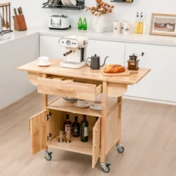 Küchenwagen mit Klappbarer Arbeitsplatte & Schublade & Schrank Servierwagen Natur