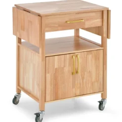 Küchenwagen mit Klappbarer Arbeitsplatte & Schublade & Schrank Servierwagen Natur