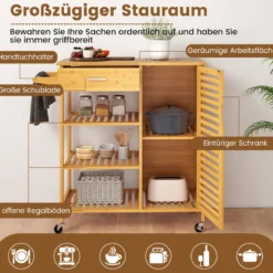 Küchenwagen mit Stauraum Bambus-Rollwagen Servierwagen mit Schublade 3 offene Regale Einzeltür-Schrank Natur