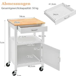 Küchenwagen Rollende Kücheninsel mit Gummiholzplatte 56 x 45 x 91 cm Weiß