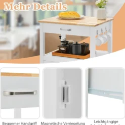 Küchenwagen Rollende Kücheninsel mit Gummiholzplatte 56 x 45 x 91 cm Weiß