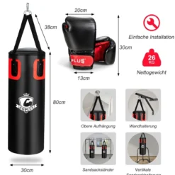 25,5 kg Boxsack-Set Boxsack mit 12 oz Boxhandschuhen & Handschlaufen Schwarz