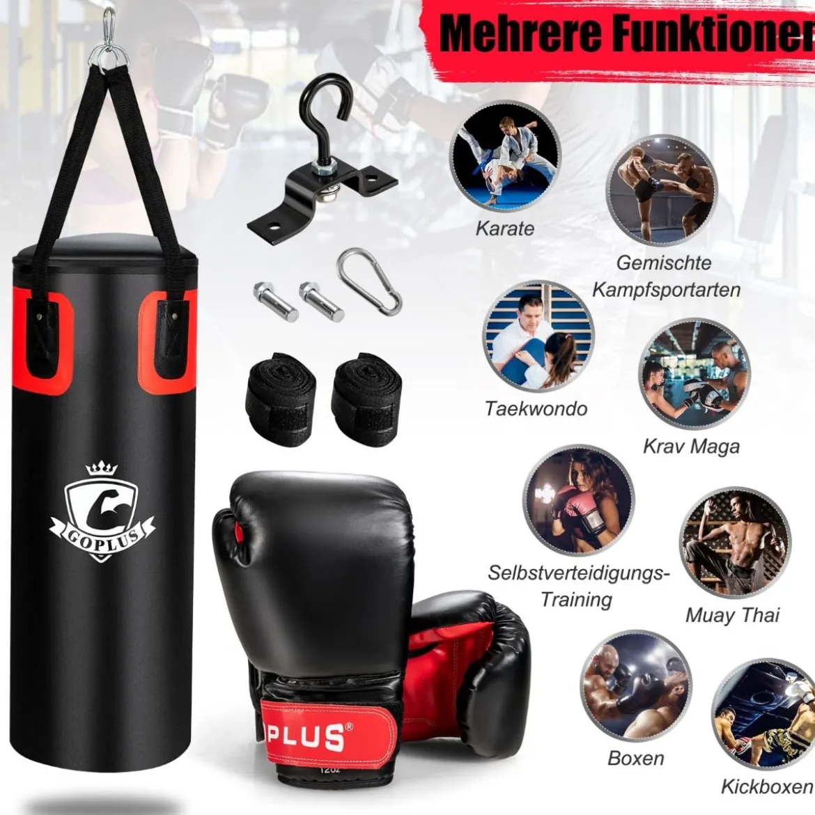 25,5 kg Boxsack-Set Boxsack mit 12 oz Boxhandschuhen & Handschlaufen Schwarz