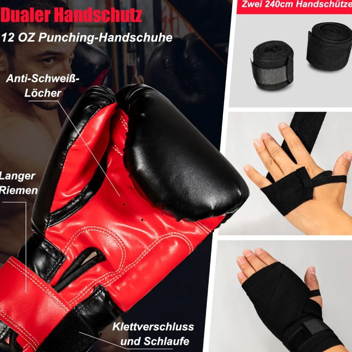 28,5 kg Boxsack-Set Boxsack mit 12 oz Boxhandschuhen & Handschlaufen Schwarz
