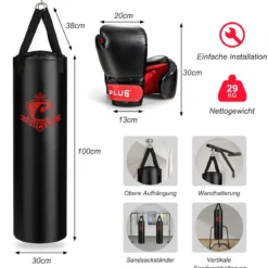 28,5 kg Boxsack-Set Boxsack mit 12 oz Boxhandschuhen & Handschlaufen Schwarz