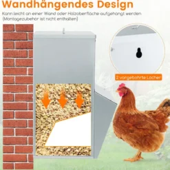 22 kg Kapazität verzinkter Hühnerfütterer Wandmontierter automatischer Geflügelfutterspender mit Deckel