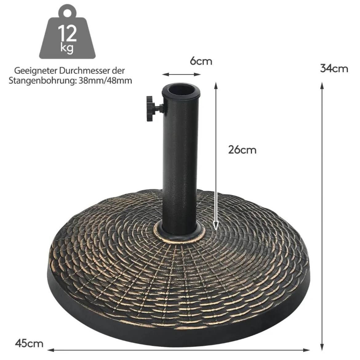 12 kg Sonnenschirmständer aus Kunstharz in Rattanoptik Runder Schirmständer Bronze
