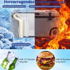 Kühlbox 50 L Große Thermobox aus Kunststoff mit Rollen & Griff Isolierbox mit Ablaufstopfen Grau/Weiß