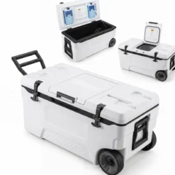 Kühlbox 70 L Große Thermobox aus Kunststoff mit Rollen & Griff Isolierbox mit Ablaufstopfen Grau/Weiß