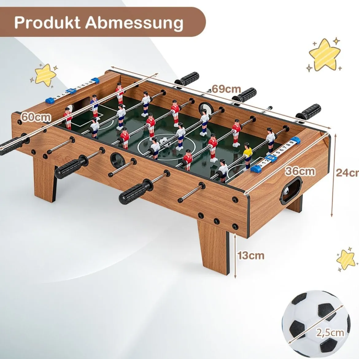 Kickertisch in Zimmergröße Platzsparender Fußballtisch mit Robustem Griff 69 x 36 x 24 cm Natur