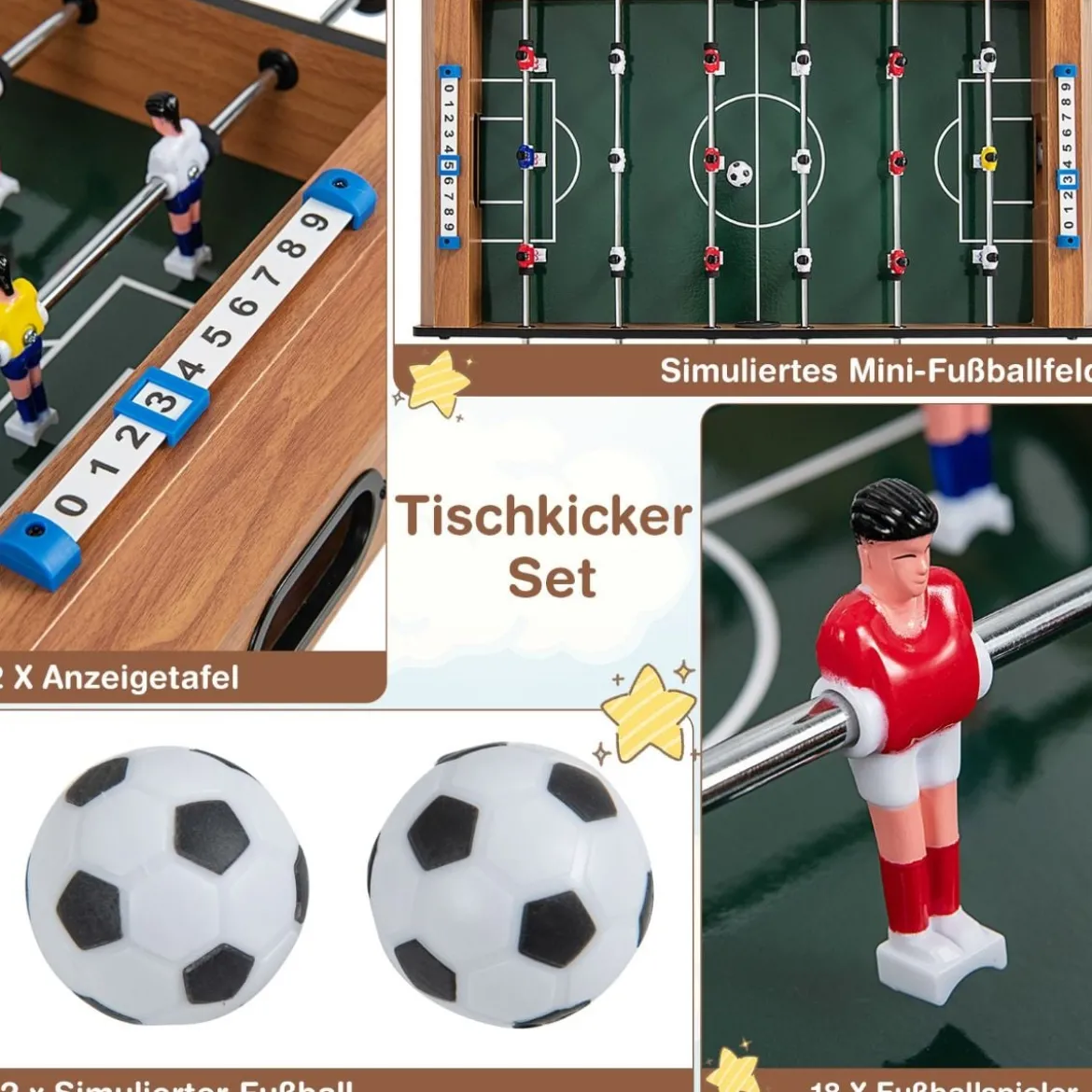 Kickertisch in Zimmergröße Platzsparender Fußballtisch mit Robustem Griff 69 x 36 x 24 cm Natur