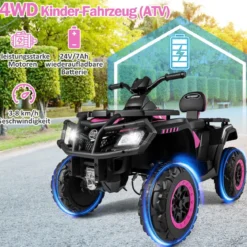 Kinder-ATV 24V 2-Sitzer 4-Rad Quad Elektrofahrzeug mit 4 Motoren sanfter Start & Federung LED-Lichter Musik Kinderauto Schwarz/Rosa