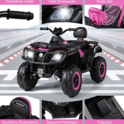 Kinder-ATV 24V 2-Sitzer 4-Rad Quad Elektrofahrzeug mit 4 Motoren sanfter Start & Federung LED-Lichter Musik Kinderauto Schwarz/Rosa