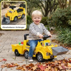 Kinderbagger zum Draufsitzen Kinderfahrzeug mit Schaufel abnehmbarem Anhänger Gelb