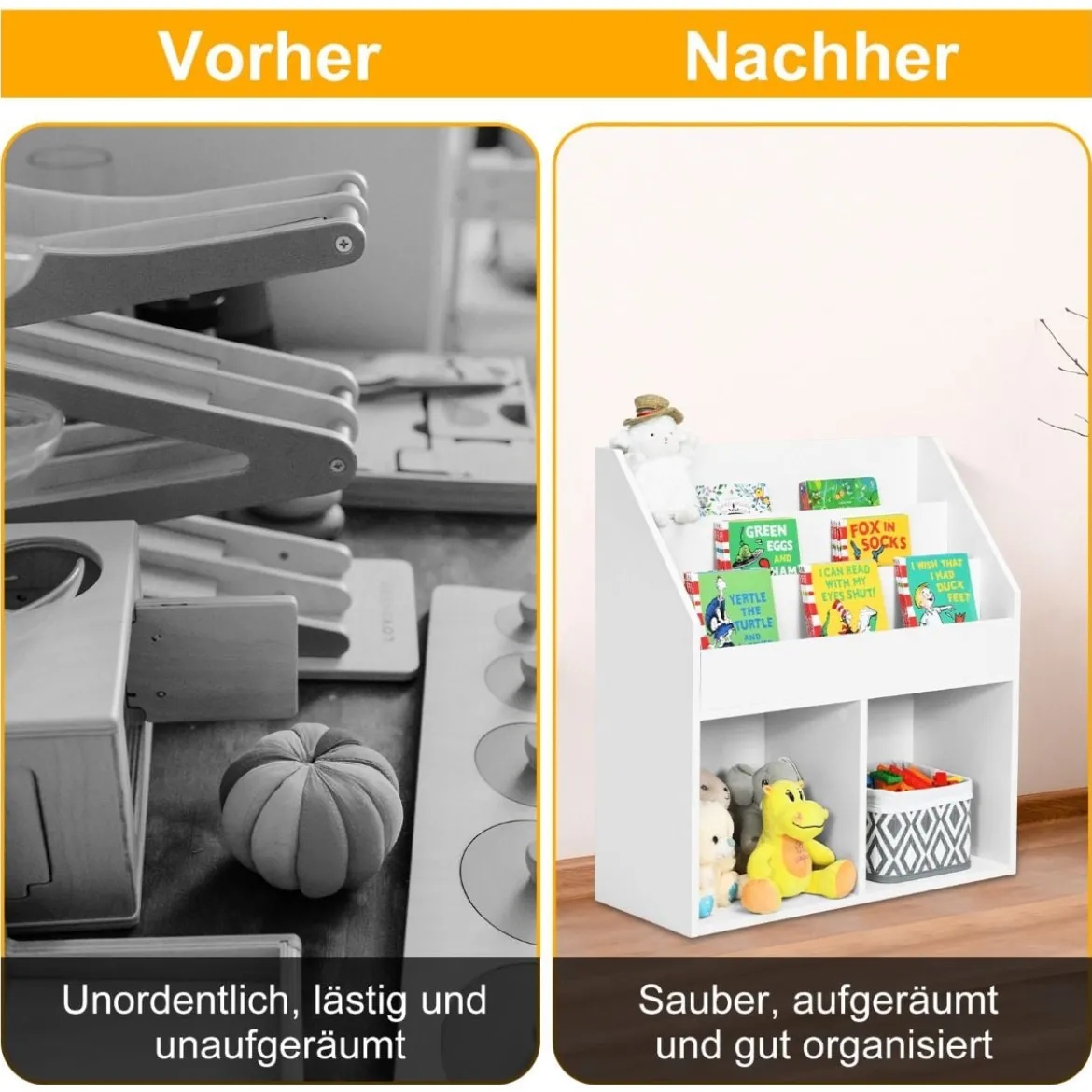Kinder Bücherregal aus Holz mit 3-stufigem Fach & 2 Ablagen Spielzeugregal Weiß