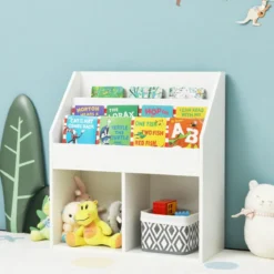 Kinder Bücherregal aus Holz mit 3-stufigem Fach & 2 Ablagen Spielzeugregal Weiß